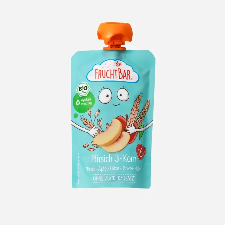 100% Recykovatelná ovocná kapsička s jablkem, broskví, meruňkami a ovsem BIO