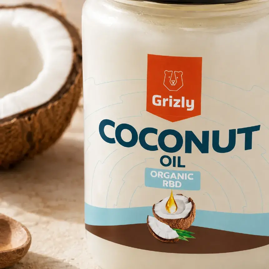 Detail obalu GRIZLY kokosového oleje s označením Organic