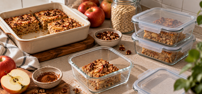 Pečená ovesná kaše s jablky a skořicí připravená na meal prep
