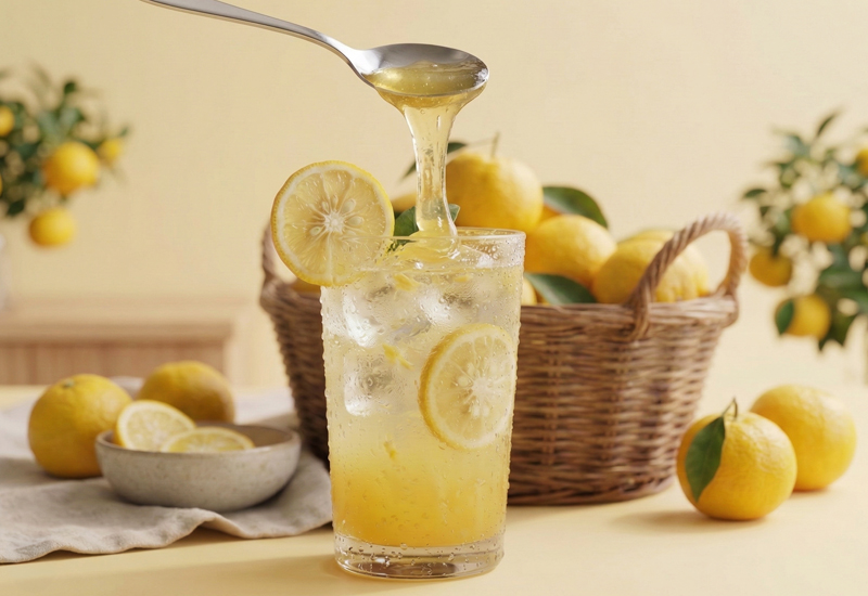 Příprava osvěžující yuzu limonády s ledem a plátky citrusů