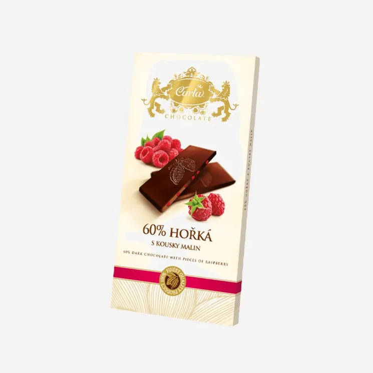 Hořká čokoláda 60% s kousky malin 5 x 80 g