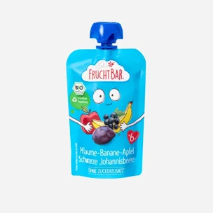 Ovocná kapsička s jablkem, banánem, švestkou a černým rybízem BIO